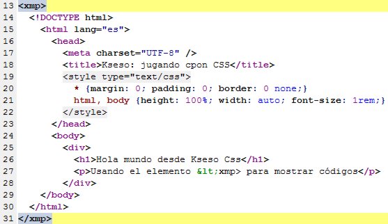 uso del elemento xmp para mostrar código html sin usas entities