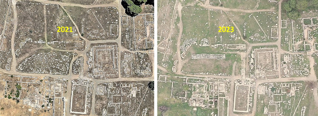 Εικ.2: Η κεντρική πλατεία του Ασκληπιείου, πριν και μετά τις εργασίες 2022-2023