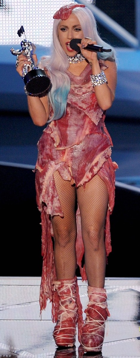 lady gaga outfits meat. lady gaga meat dress pictures.