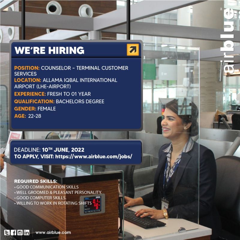 AirBlue Pakistan Jobs For Counselor- Terminal Customer Services