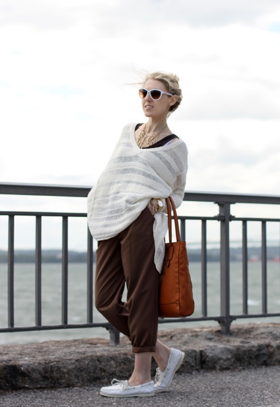 Free People Spending Time Pullover Asos Pants Sperry Top-Sider Quilted Shoes Jessica Simpson White Sunglasses Ralph Lauren Bag Forever 21 Spike Necklace 