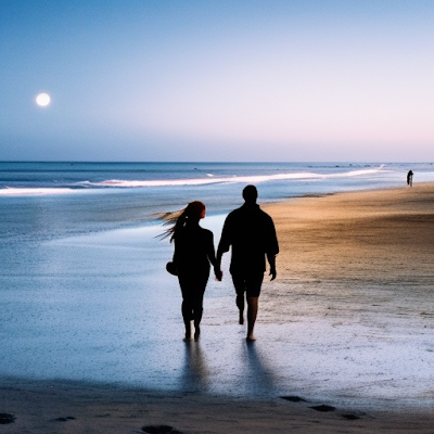 couple holding hands and walking on the beach