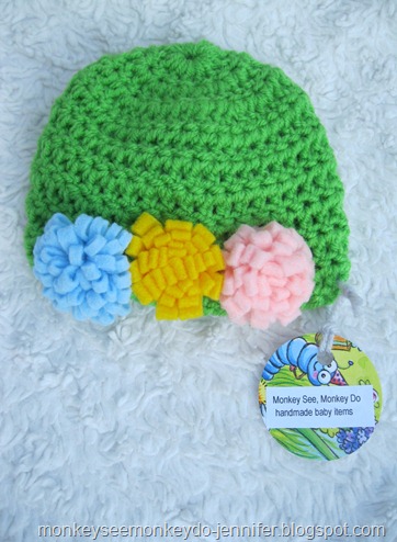 green hat with felt flowers newborn