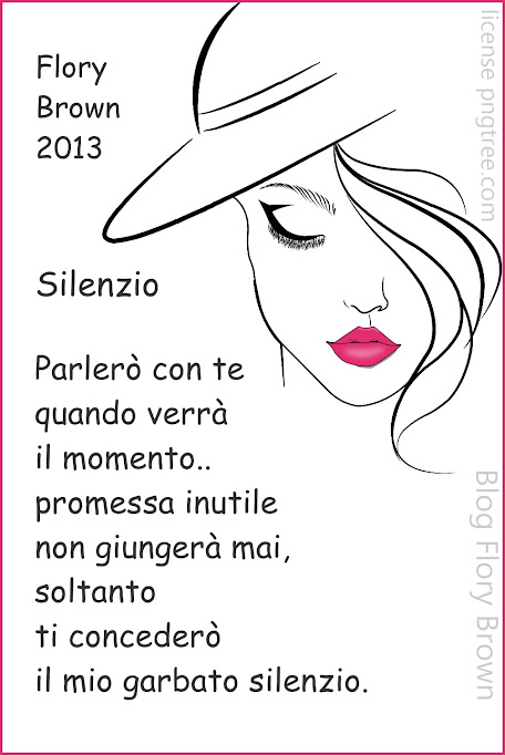 Disegno stilizzato volto di donna con cappello, occhi chiusi e labbra rosse più la poesia 'Silenzio' di Flory Brown.