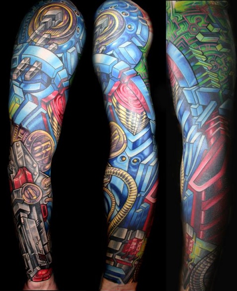 Robotic arm tattoo sleeve for guys.
