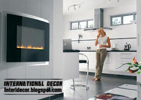 wall mounted fireplace in modern house interior, fireplace designs