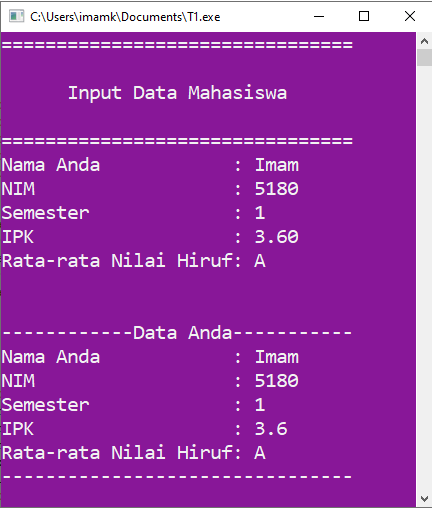 Output  program C++ yang menyertakan Integer, Float, char dan Sting 