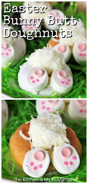 Easter Bunny Butt Doughnuts ~ Yummy, adorable, & super easy to make! Such a cute treat for Easter breakfast, Easter brunch, or as a fun little project to make with the kids.  So easy, even the youngest of little ones can participate in the fun.  www.thekitchenismyplayground.com