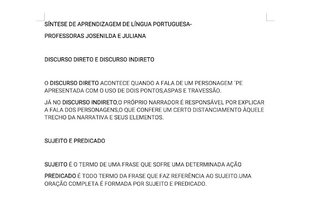 Síntese de Língua Portuguesa 8 Ano - 16/08 a 20/08 -  Professora Josenilda e Juliana