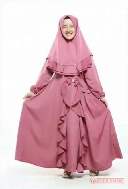 Model Baju Gamis Anak Perempuan Terbaru Rok Rempel Pita Dusty - Model baju gamis anak perempuan