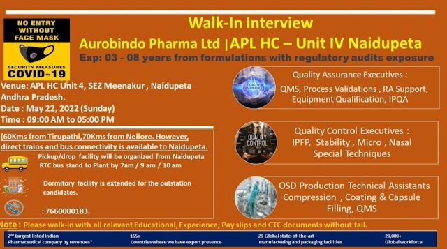 Aurobindo Pharma | Walk-in interview for Production/QC/QA on 22nd May 2022