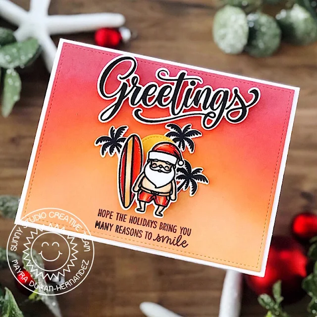 Sunny Studio Stamps: Surfing Santa Frilly Frame Dies Season's Greetings Christmas Card by Mayra Duran-Hernandez