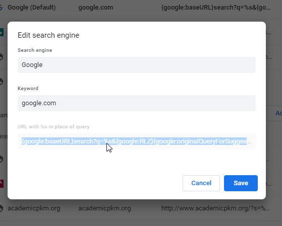 Screenshot shows greyed out but selected URL