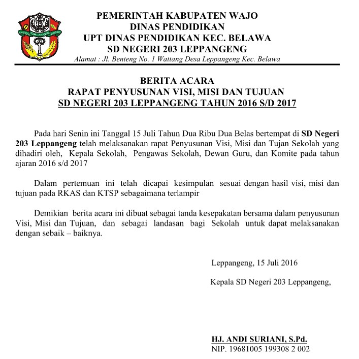 Contoh Berita Acara Penetapan Visi, Misi dan Tujuan 