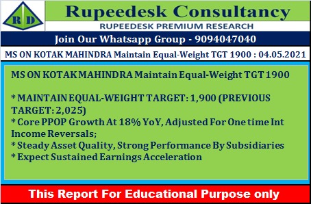 MS ON KOTAK MAHINDRA Maintain Equal-Weight TGT 1900