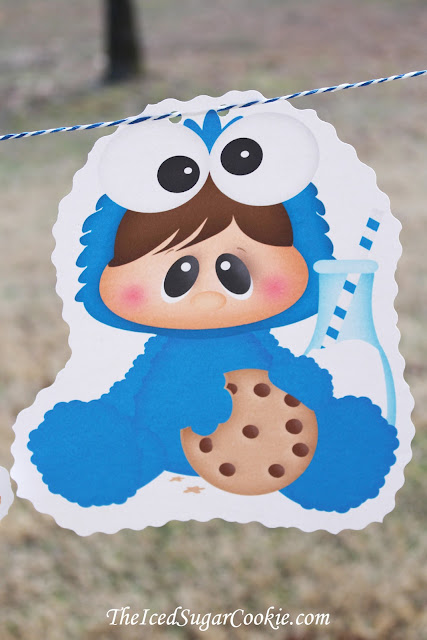 Baby Cookie Monster Birthday Party DIY Banner Flag Bunting Idea-Milk and Cookie Birthday Party Banner