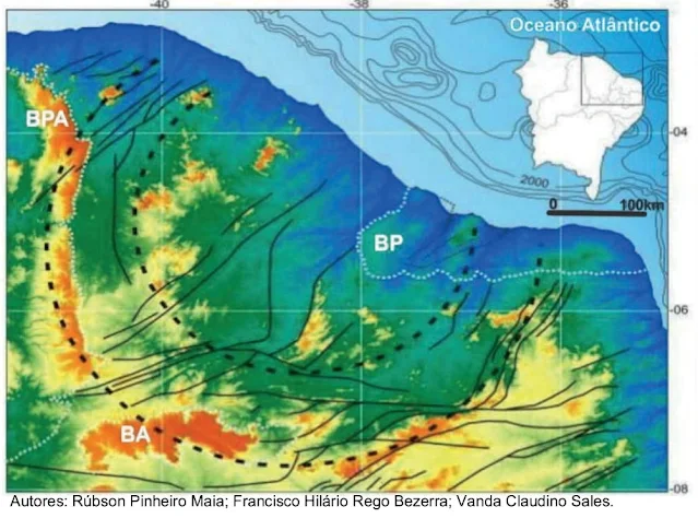 Considere o mapa a seguir de um setor do território brasileiro, em que se observam linhas escuras contínuas, situadas no interior da região, com diversas direções importantes para a análise físico-geográfica regional.