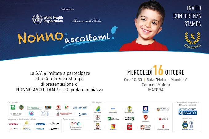 "Nonno Ascoltami! - L'Ospedale in piazza": mercoledì 16 ottobre presentazione della tappa di Matera