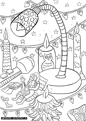 A coloring page of a reader with her lights / Värityskuva lukijasta lukuvaloineen