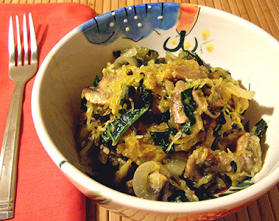 Bowl of Pesto, Kale, and Mushroom Spaghetti Squash