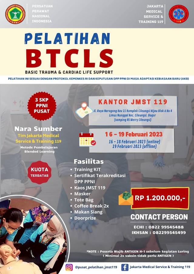 (3 SKP PPNI) Pelatihan BTCLS- Basic Trauma & Cardiac Life Support (Februari, Jakarta)