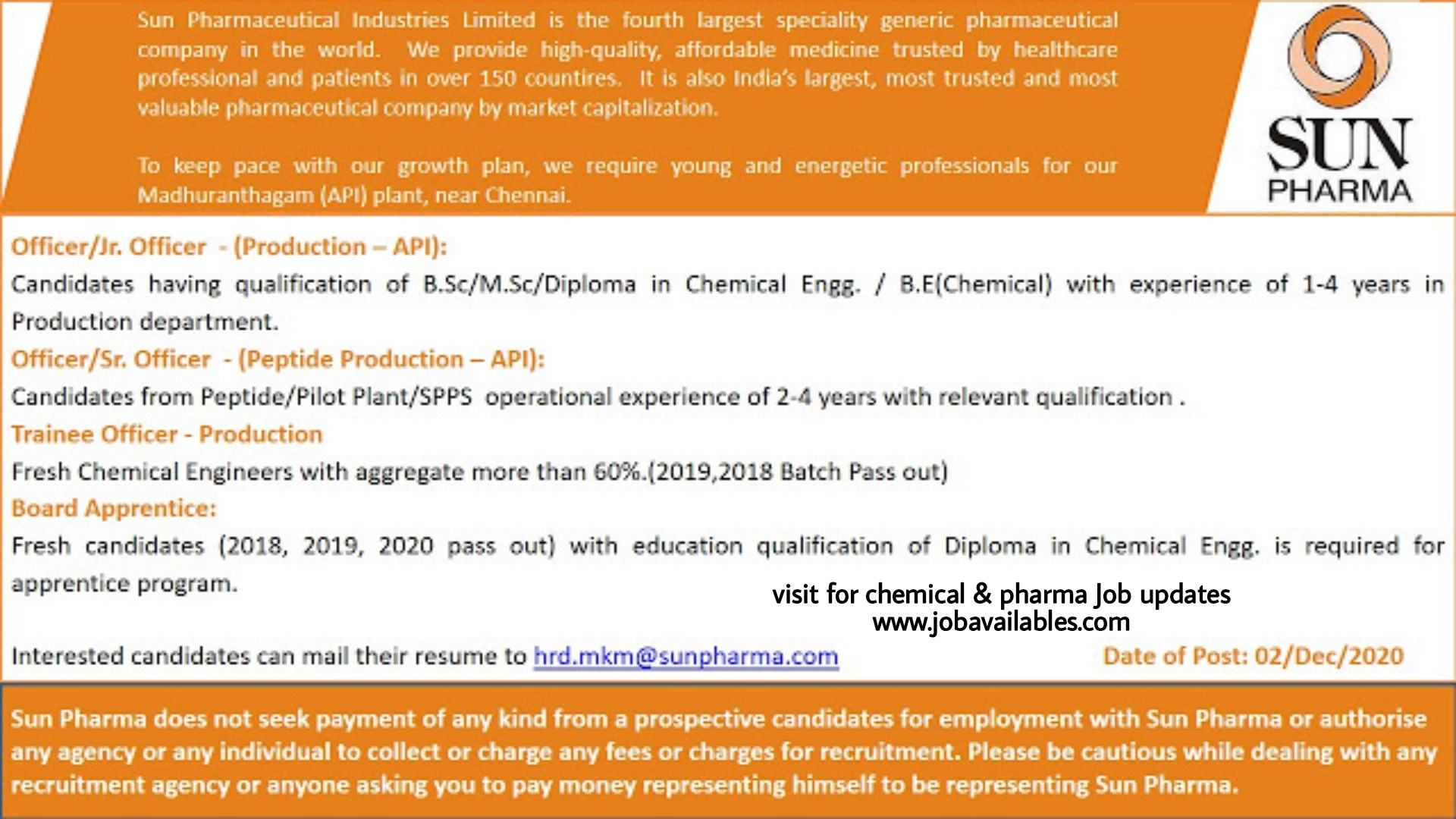 Job Availables, Sun Pharmaceuticals Ltd Job Opening For Freshers & Experienced Msc/ Bsc/ Diploma Chemical/ BE Chemical - Production/ Peptide Production/ Board Apprentices