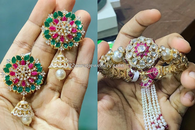 Diamond Pearl Choker Kada and Jhumkas