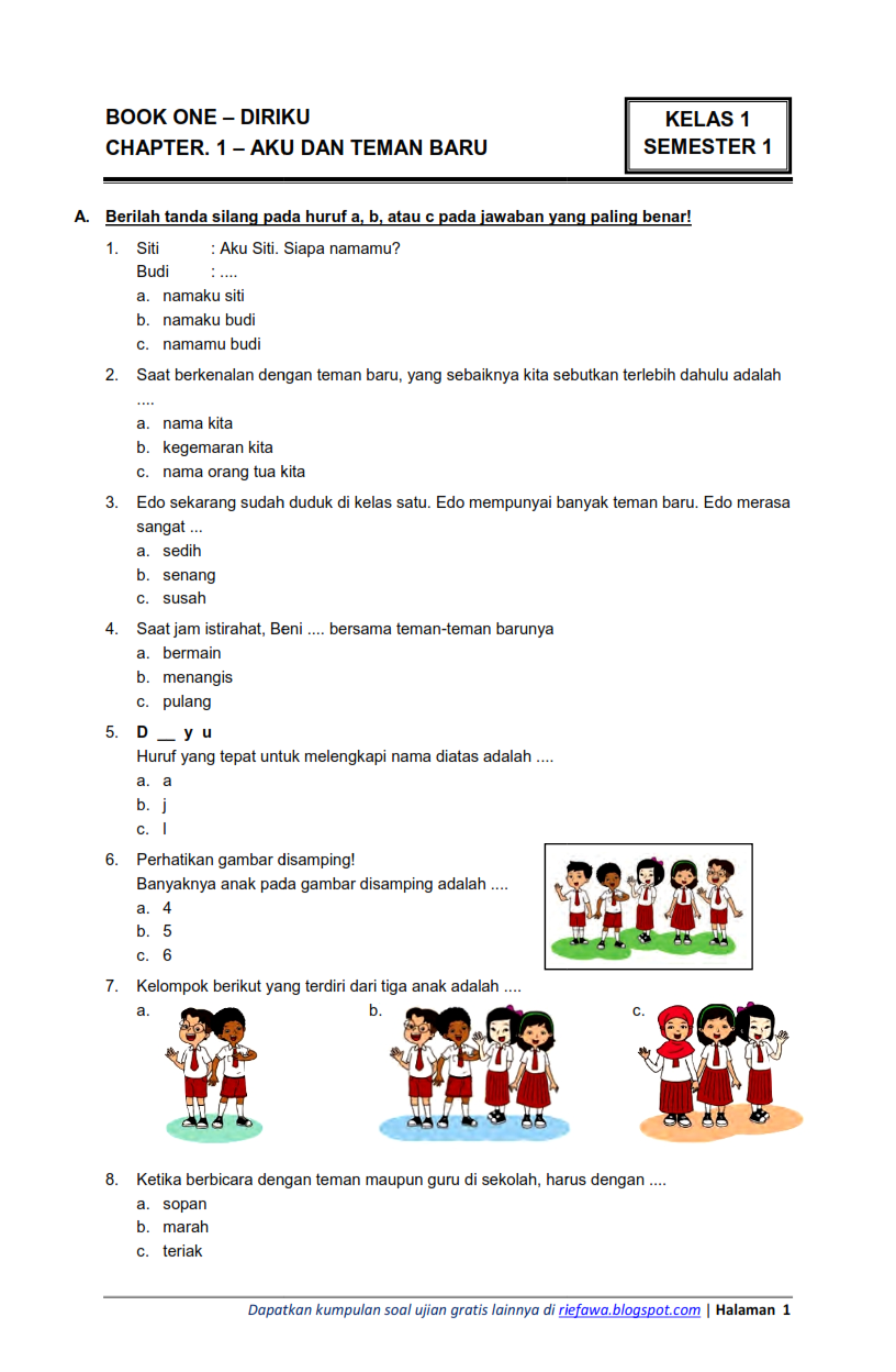 Download Kumpulan Soal Tematik Kelas 1, 2, 3, 4, 5, 6 Kurikulum 2013