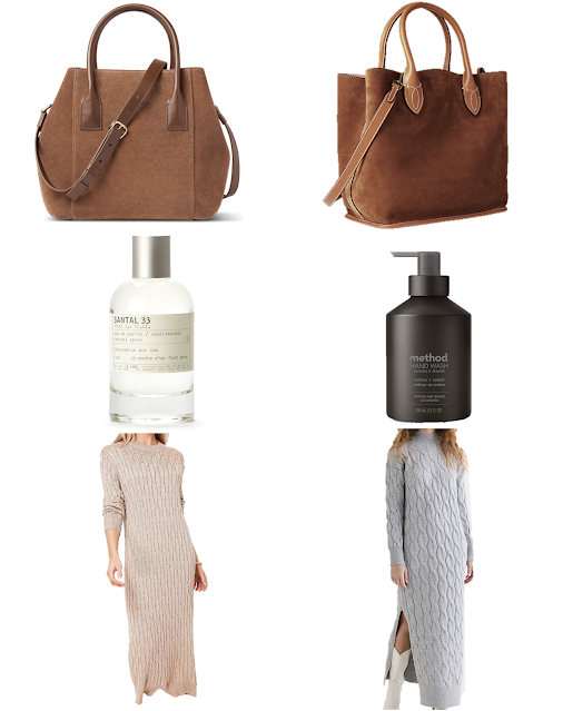 Splurge vs. Save: suede tote, santal 33, cable knit sweater dress
