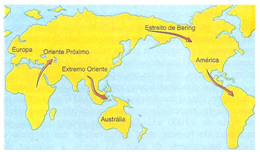 The map indicates the migratory process of man toward other continents, from Africa.