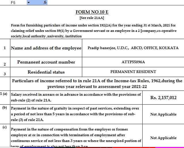 Income Tax Form 10E in Excel