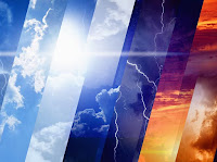 An image divided into roughly seven diagonal stripes which fracture across each other (hence the “roughly”), depicting various types of skies: variations on cloudy, sunny, dark, sunset, lightning, rain, etc. It almost looks like a rainbow, but not quite.