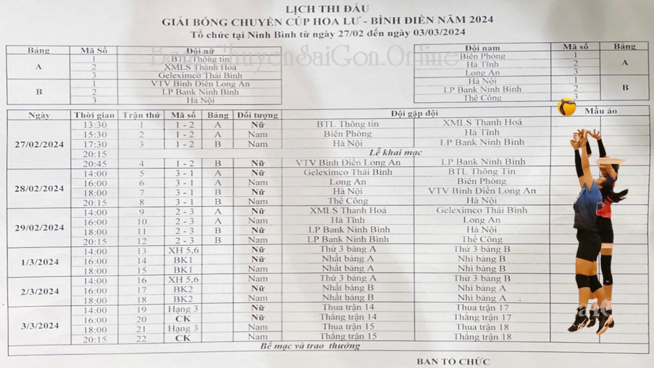 Lịch thi đấu chính thức Cúp Bình Điền - Hoa Lư 2024