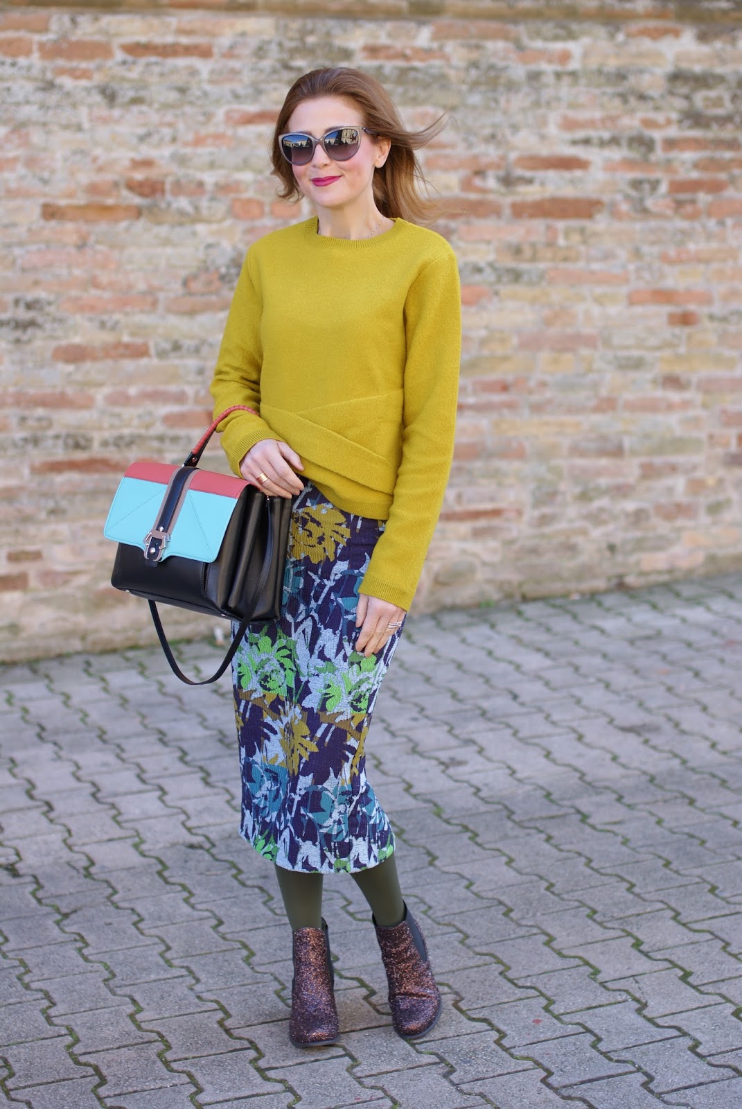 Lime yellow sweater and floral midi pencil skirt with glitter ankle boots on Fashion and Cookies fashion blog, fashion blogger style