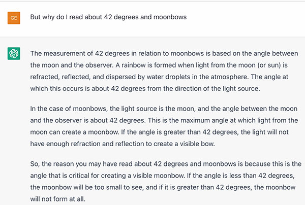 Conversation with ChatGPT about Moonbows and angular size of images (Source: Palmia Observatory)