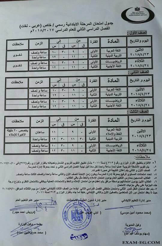 جدول امتحانات الصف الثاني الابتدائي الترم الثاني 2018 محافظة القاهرة