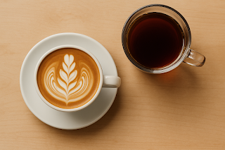 Cappuccino and pour-over coffee on a wooden table