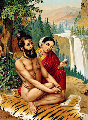 Menaka the nymph tempting the yogi (1900) painting Raja Ravi Varma