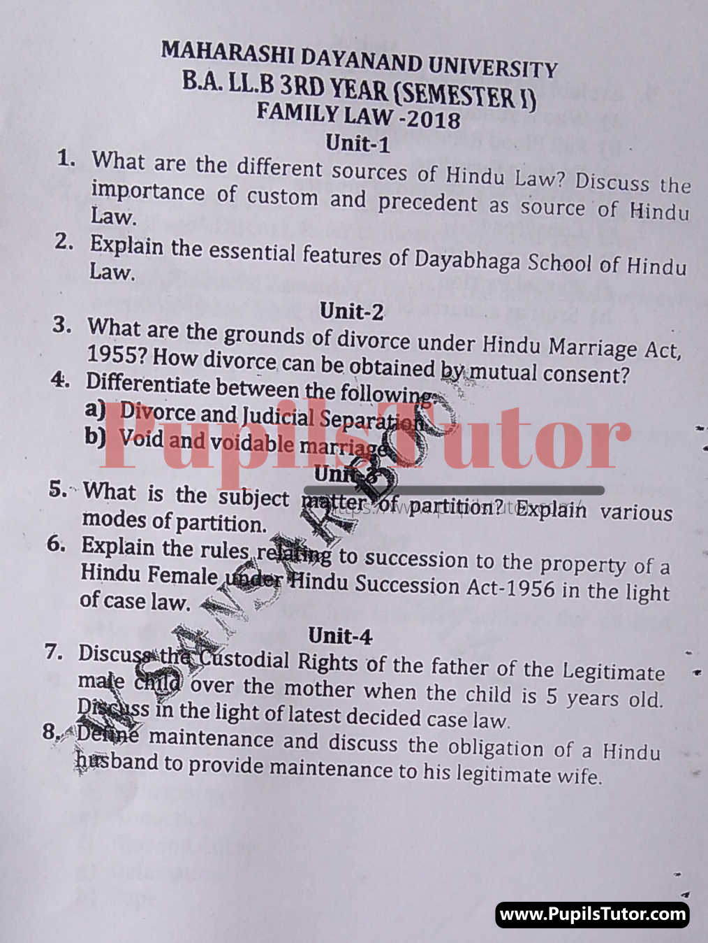 MDU (Maharshi Dayanand University, Rohtak Haryana) LLB Regular Exam (Hons.) First Semester Previous Year Family Law Question Paper For 2018 Exam (Question Paper Page 1) - pupilstutor.com