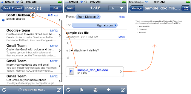 How to open a doc file attachment in an email accessed via Mail app in iPhone 4S.