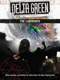 The cover of Delta Green: The Labyrinth with a large, colorful mass in the background, and in the foreground, various people and esoteric figures like a baby head with glowing eyes and an arcane symbol.