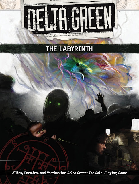 The cover of Delta Green: The Labyrinth with a large, colorful mass in the background, and in the foreground, various people and esoteric figures like a baby head with glowing eyes and an arcane symbol.