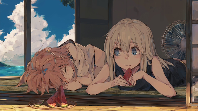 Anime Girl eating a watermelon and the other Anime Girl sleeping