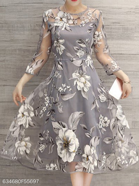 Crew Neck See Through Floral Printed Skater Dresses