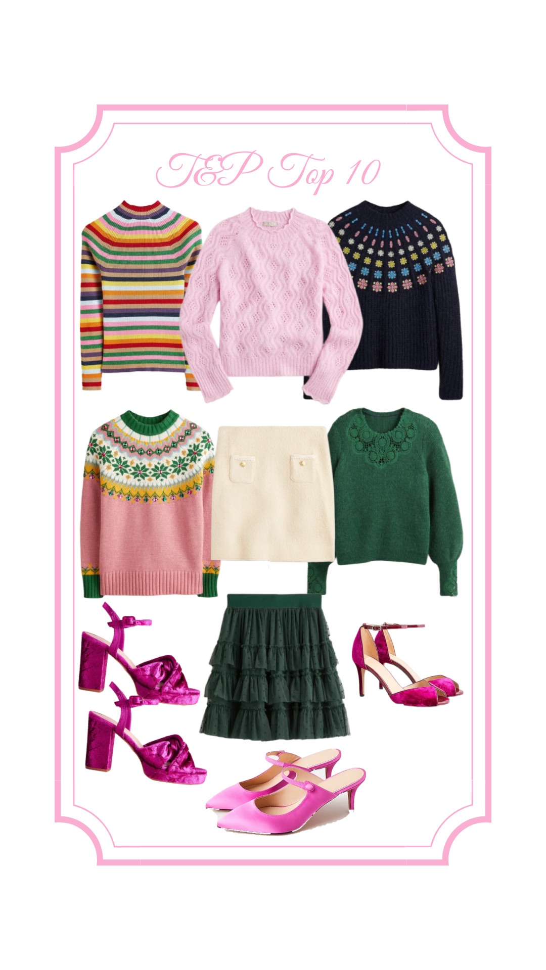 Bright Winter Clothes, Fair Isle, Pink Heels, Tulle Skirt, Rainbow Sweater, tulle, Christmas sweater, christmas dress, green sweater, velvet pumps, platform heels, boden, rainbow