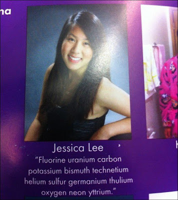 A high-schooler recently managed to sneak some lyrics from the Notorious B.I.G into her yearbook - by using a periodic code!  (F) flourine (U) uranium (C) carbon (K) potassium (Bi) bismuth (Tc) technetium (He) helium (S) sulfur (Ge) germanium (Tm) thulium (O) oxygen (Ne) neon (Y ) yttrium