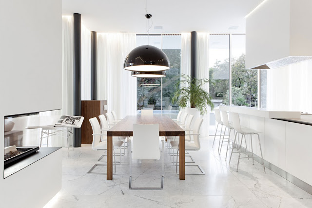 Modern dining room with wooden table