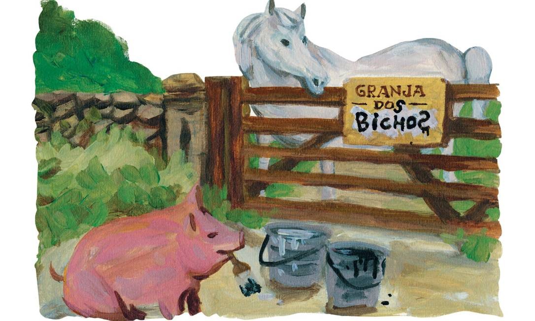 Ilustração do livro, onde os bichos trocam o nome da fazenda para Granja dos Bichos