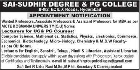 Sai-Sudhir College Hyderabad Biotech/Microbiology Lecturer Jobs 2019