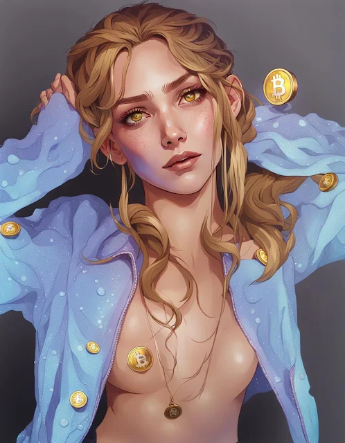 There is a beautiful, sexy, blond girl with bitcoin coins all over her in the picture
